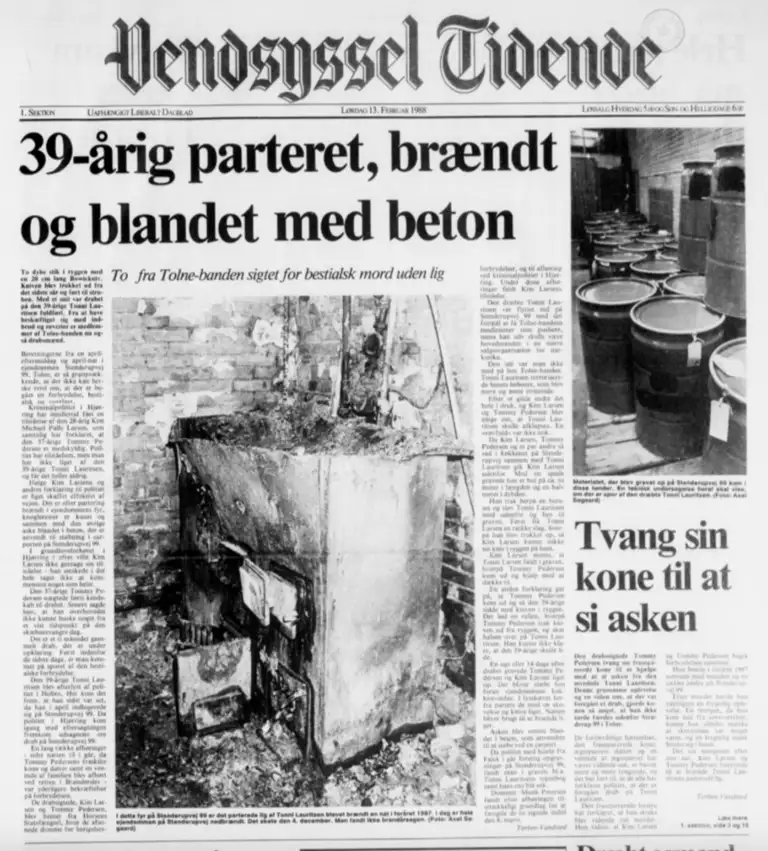 Billedet viser avisartikel om sagen mod Tolnebanden i avisen Vendsyssel Tidende, 1988